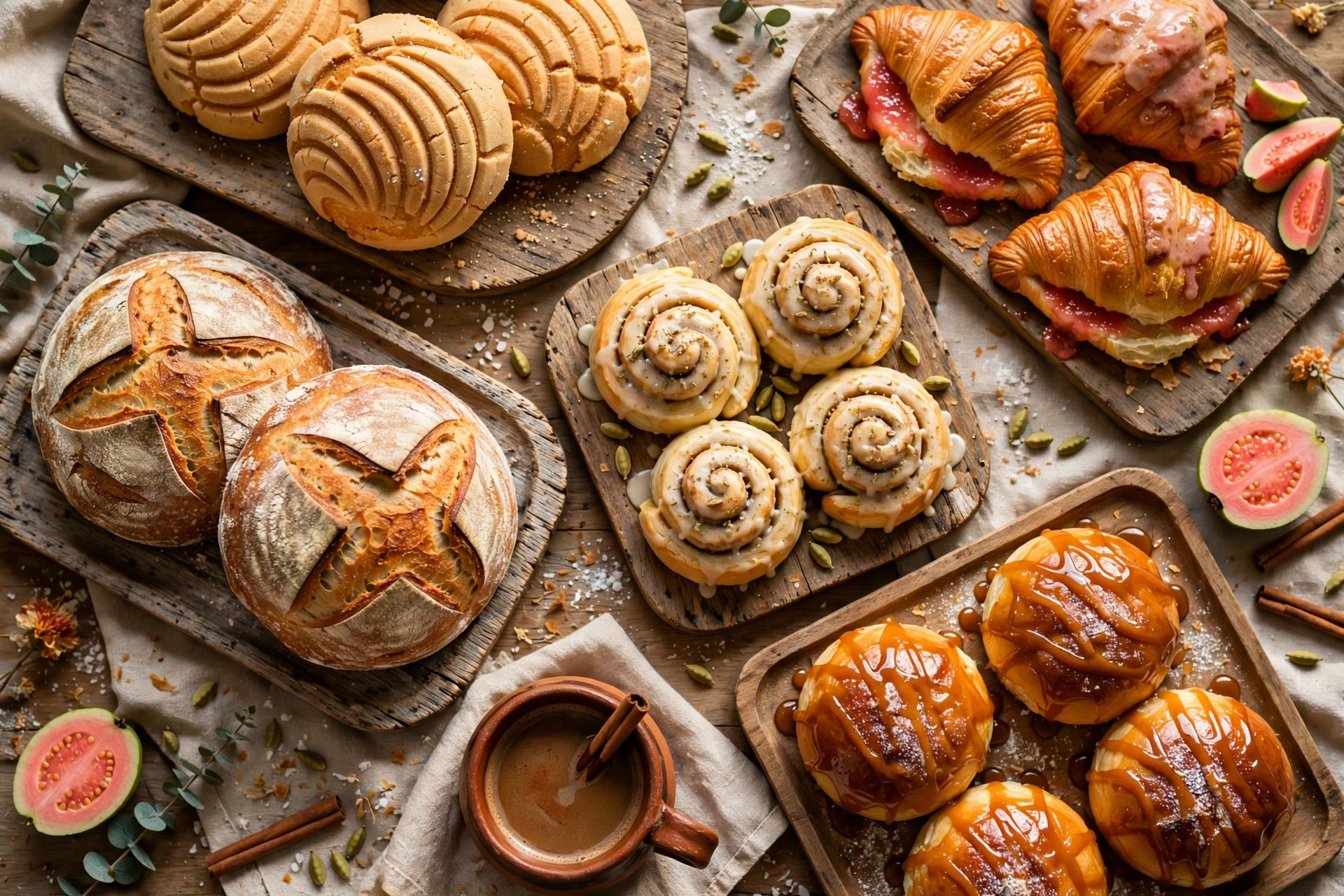 Conchas, guava croissants, cardamom rolls, cajeta buns, and sourdough